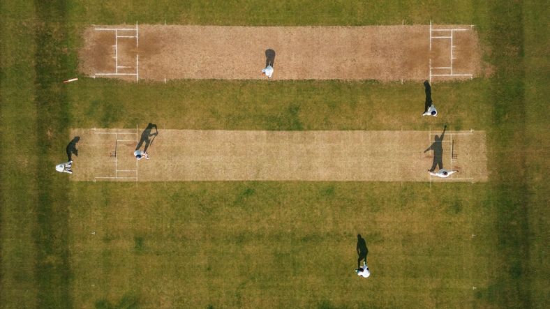 Aerial view of a cricket match in progress
